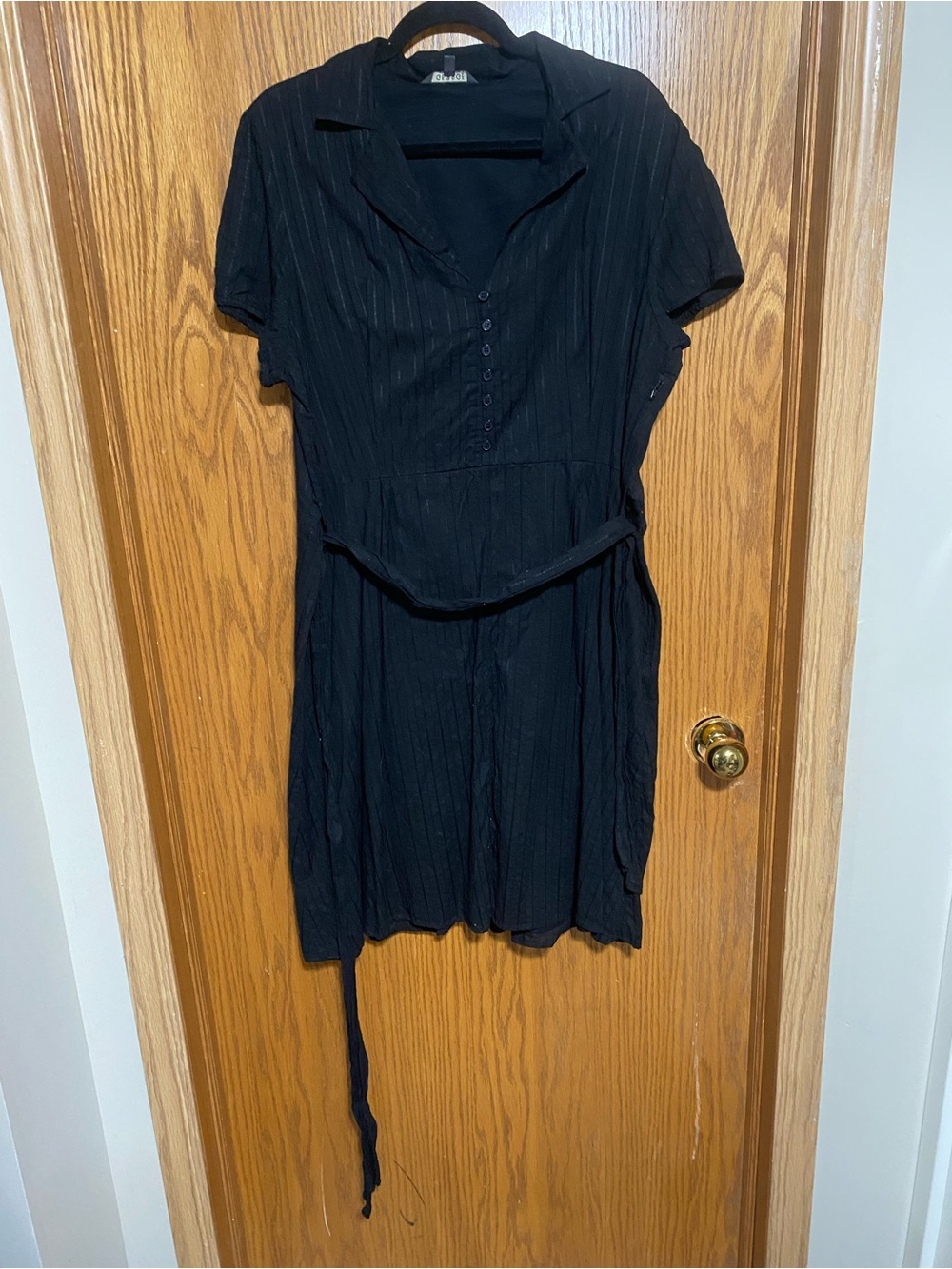 Black Short-Sleeve Collared Dress with Waist Tie